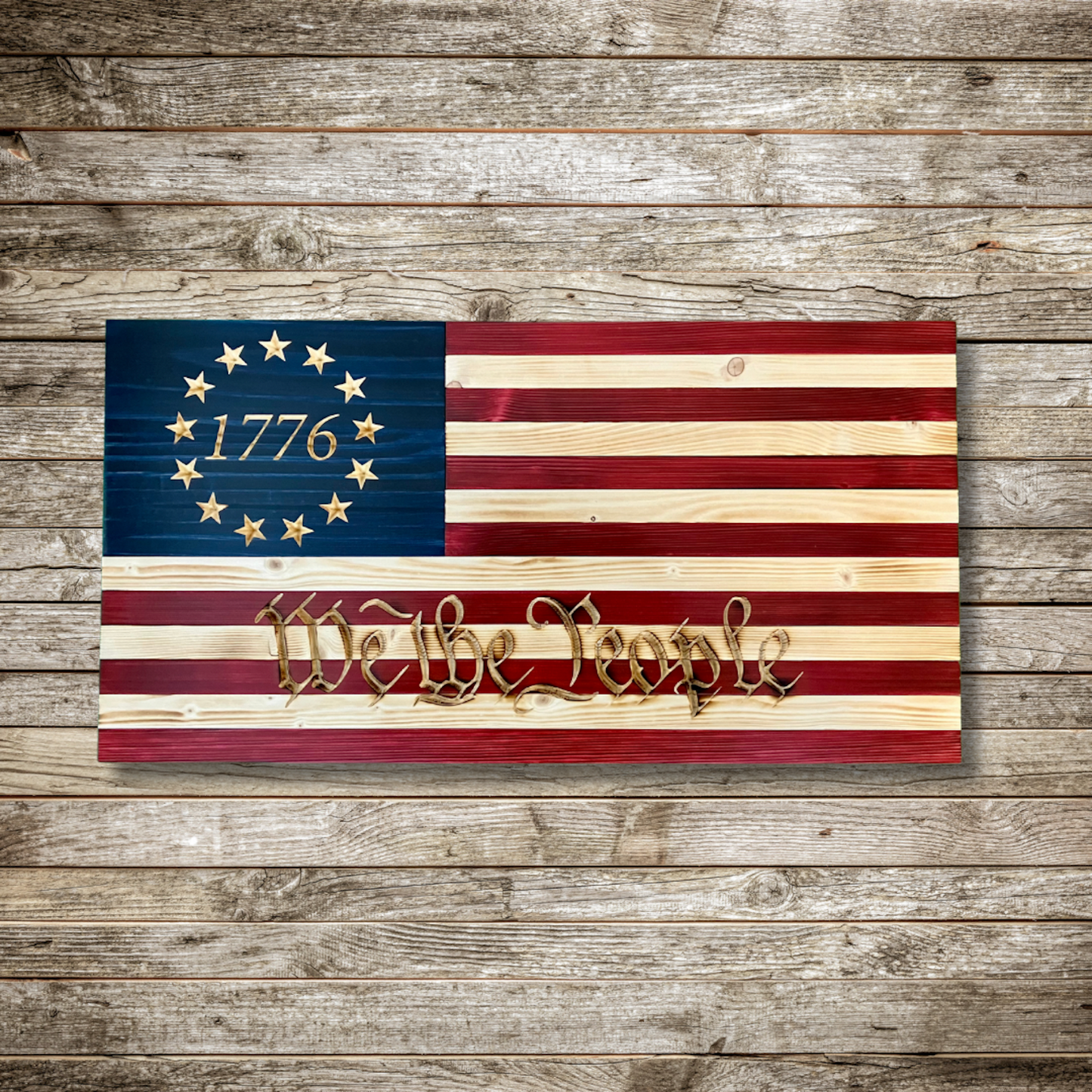 Handmade Wooden American Flag Engraved with "We The People"
