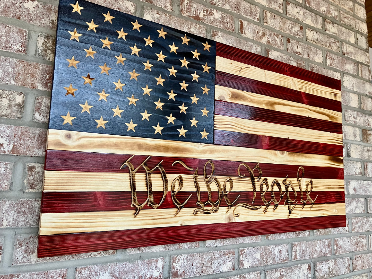 Handmade Wooden American Flag Engraved with "We The People"