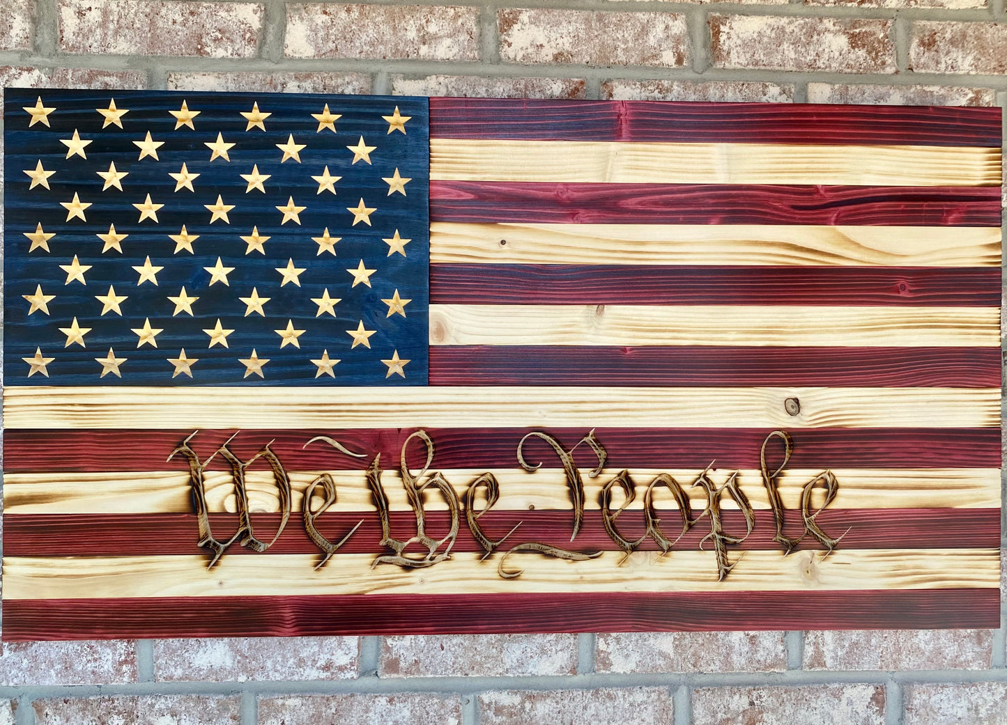 Handmade Wooden American Flag Engraved with "We The People"