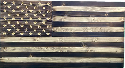 Rustic wooden American flag handcrafted with weathered wood, featuring bold red, white, and blue stripes with carved stars. The distressed finish gives a vintage, patriotic feel, perfect for home décor or gifting.