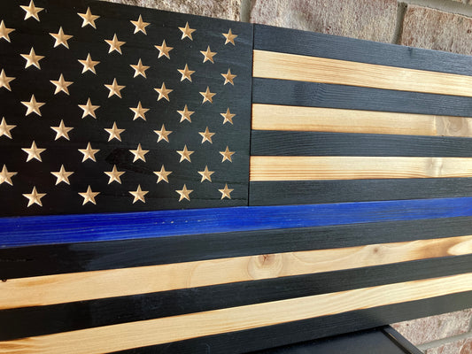 Handmade Thin Blue Line Wooden American Flag