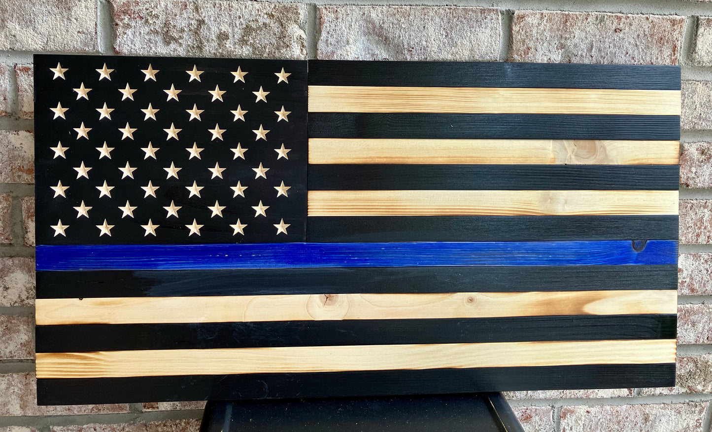 Handmade Thin Blue Line Wooden American Flag