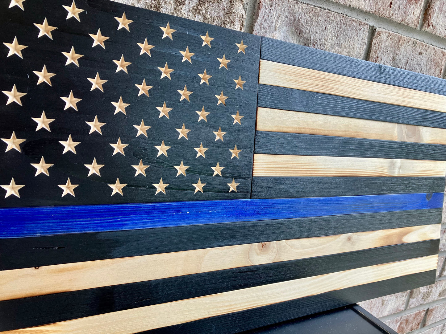 Handmade Thin Blue Line Wooden American Flag