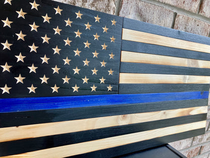 Handmade Thin Blue Line Wooden American Flag