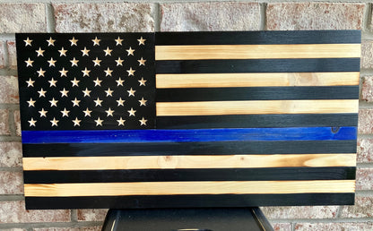 Handmade Thin Blue Line Wooden American Flag