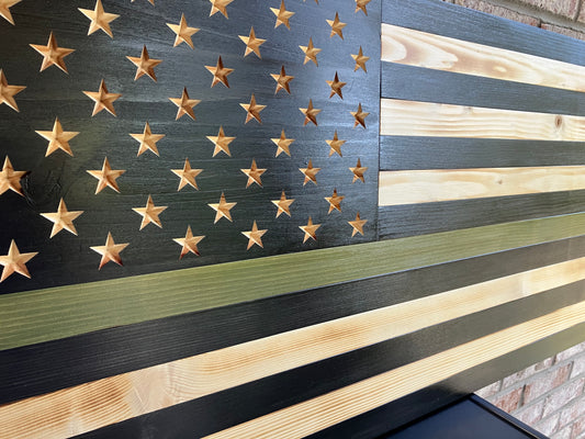 Handmade Thin Green Line Wooden American Flag