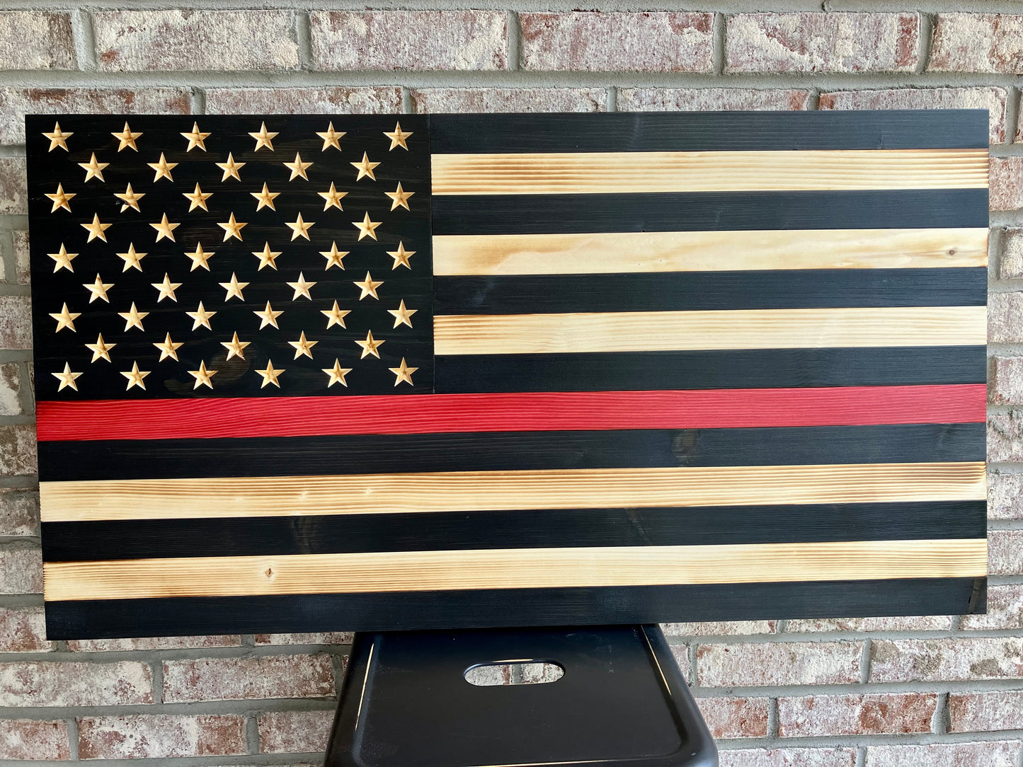 Handmade Thin Red Line Wooden American Flag