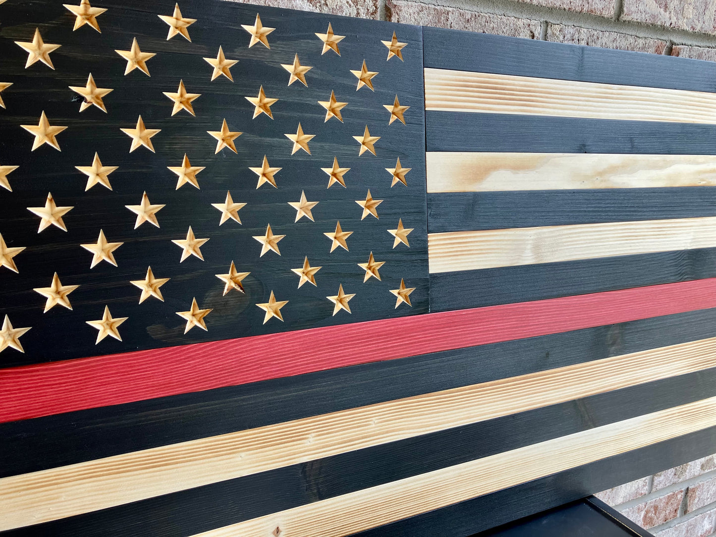 Handmade Thin Red Line Wooden American Flag