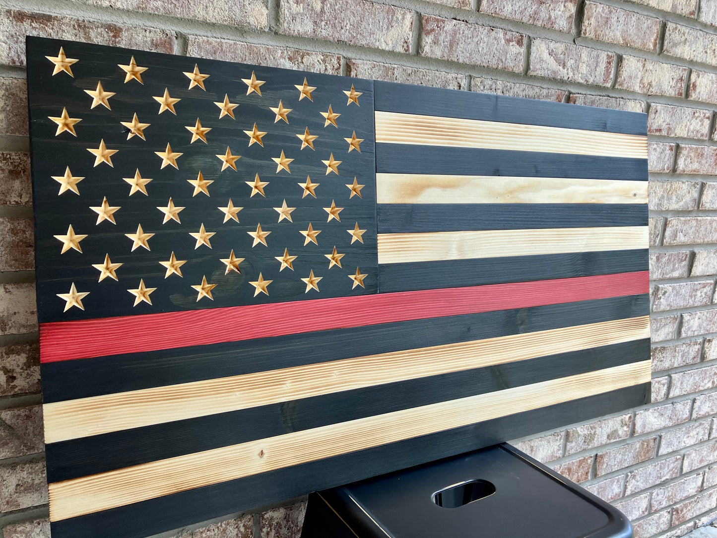 Handmade Thin Red Line Wooden American Flag