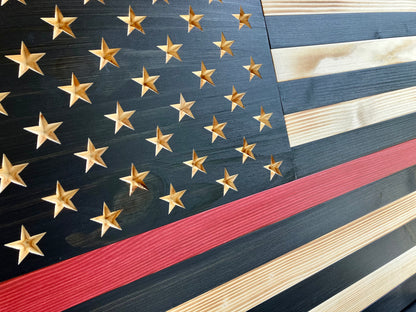 Handmade Thin Red Line Wooden American Flag