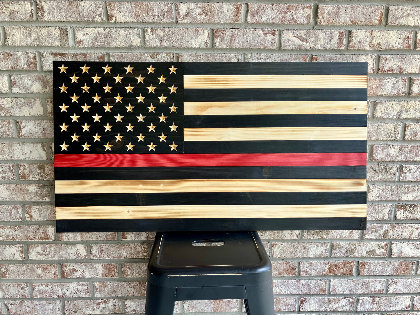 Handmade Thin Red Line Wooden American Flag