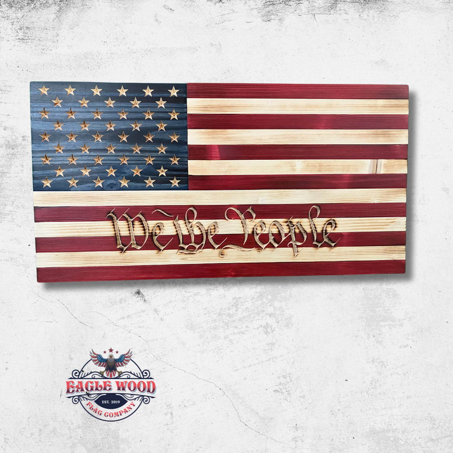 Handmade Wooden American Flag Engraved with "We The People"
