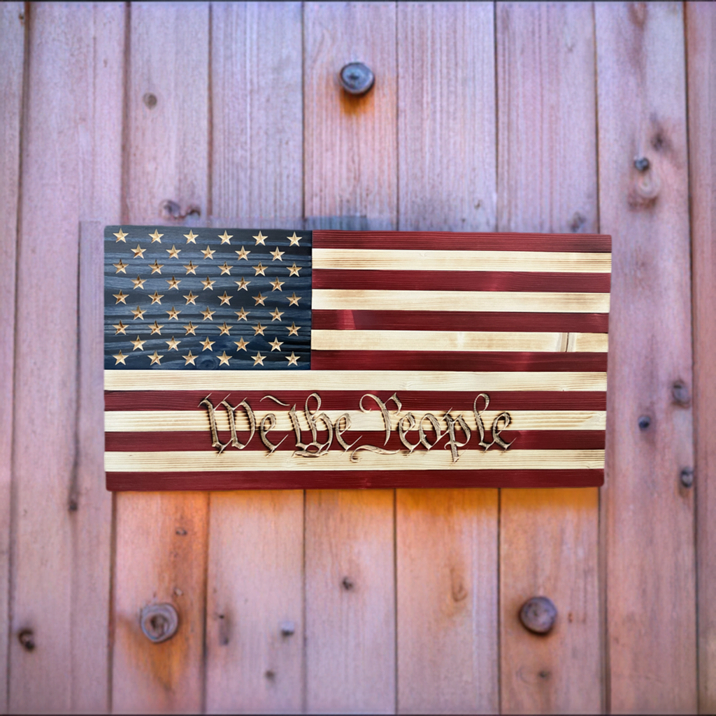 Handmade Wooden American Flag Engraved with "We The People"