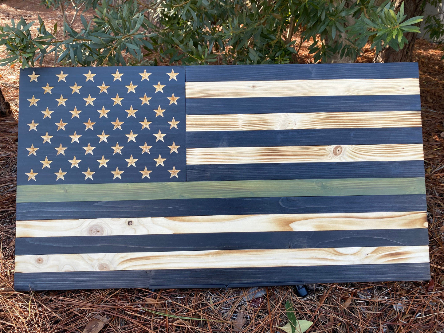 Handmade Thin Green Line Wooden American Flag