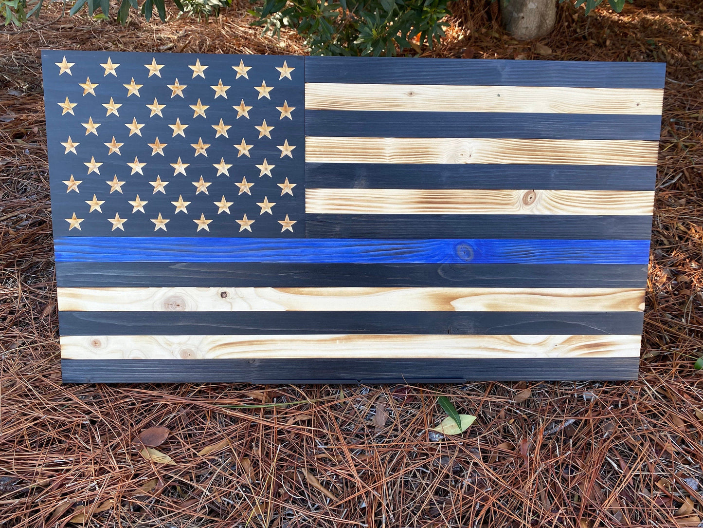 Handmade Thin Blue Line Wooden American Flag