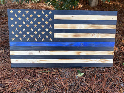 Handmade Thin Blue Line Wooden American Flag