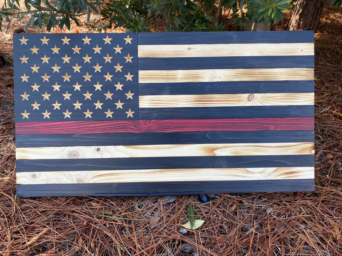 Handmade Thin Red Line Wooden American Flag